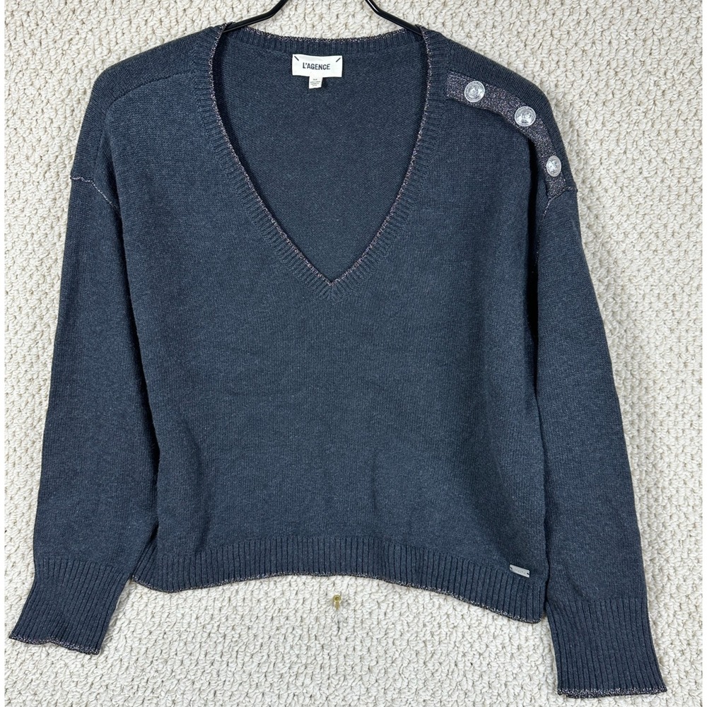 L'Agence Defina Sweater Womens S Charcoal Gray Wool Blend Lurex Trim Emboss Bttn
